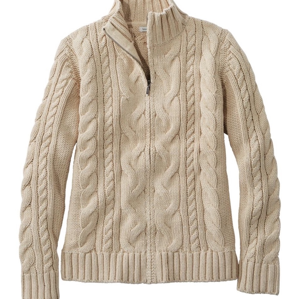 LL.bean women’s full zip cable sweater. Size small, tan, like new.